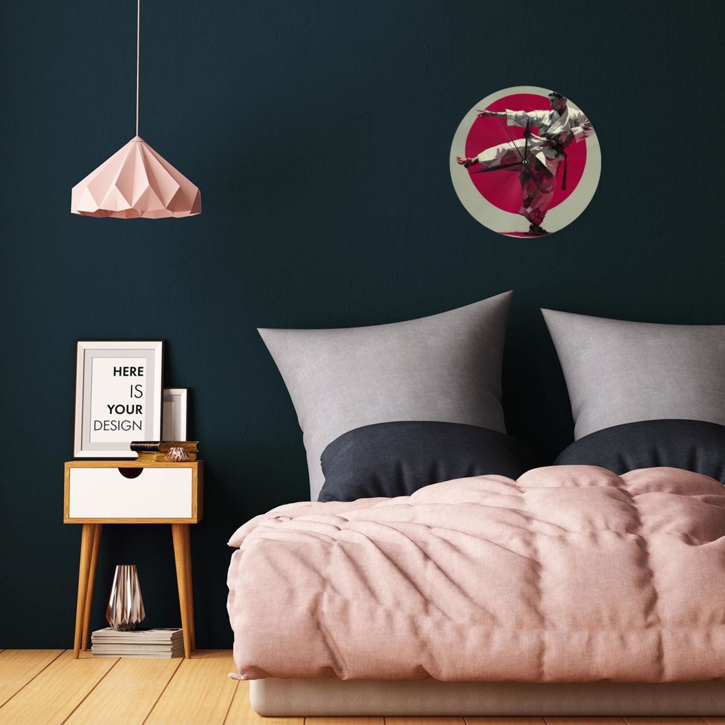 Artistic Round Wall Clock with Karate Figure, Creative Decorative Silent Clock for Living Room & Bedroom (Diameter 25cm)