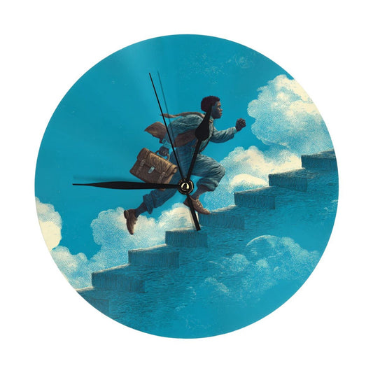 Round Wall Clock with Dream - Chasing Stairs Art Scene, Creative Decorative Silent Clock for Living Room & Study (Diameter 25cm)