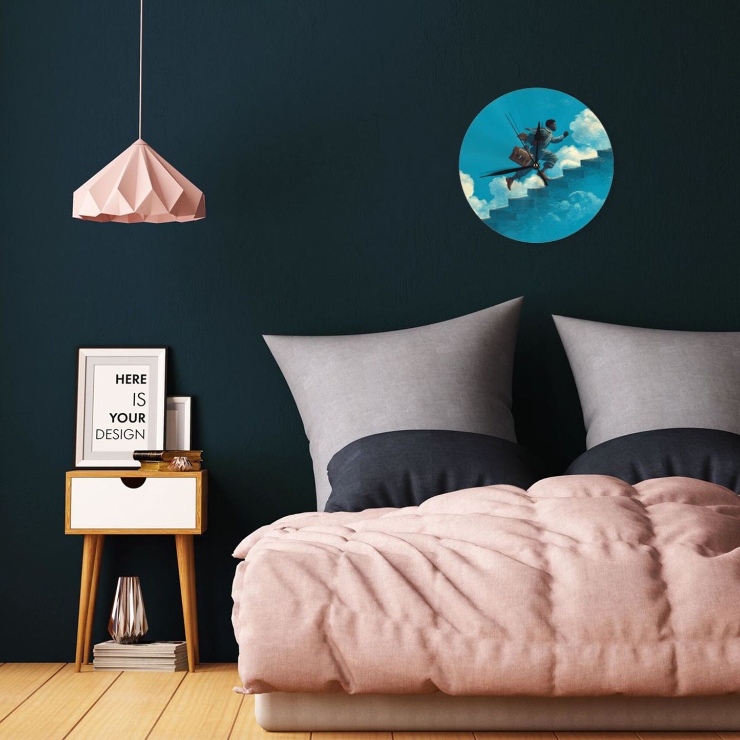 Round Wall Clock with Dream - Chasing Stairs Art Scene, Creative Decorative Silent Clock for Living Room & Study (Diameter 25cm)