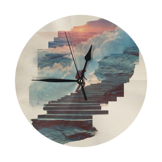 Round Wall Clock with Dreamy Stairs Art Scene, Creative Decorative Silent Clock for Living Room & Study (Diameter 25cm)