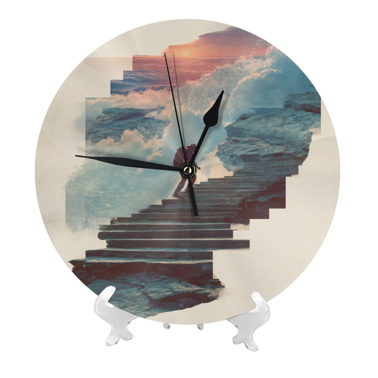 Round Wall Clock with Dreamy Stairs Art Scene, Creative Decorative Silent Clock for Living Room & Study (Diameter 25cm)