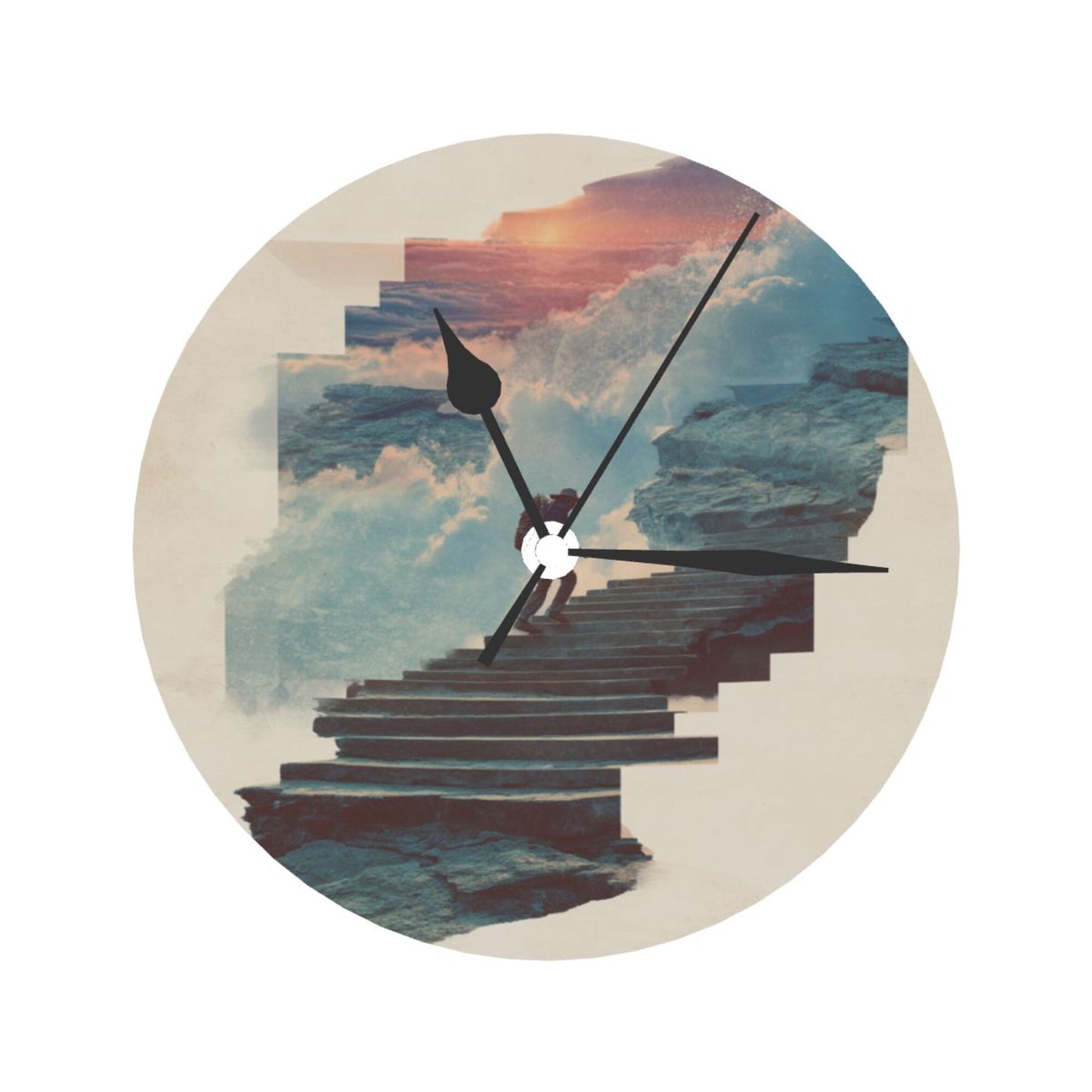 Round Wall Clock with Dreamy Stairs Art Scene, Creative Decorative Silent Clock for Living Room & Study (Diameter 25cm)