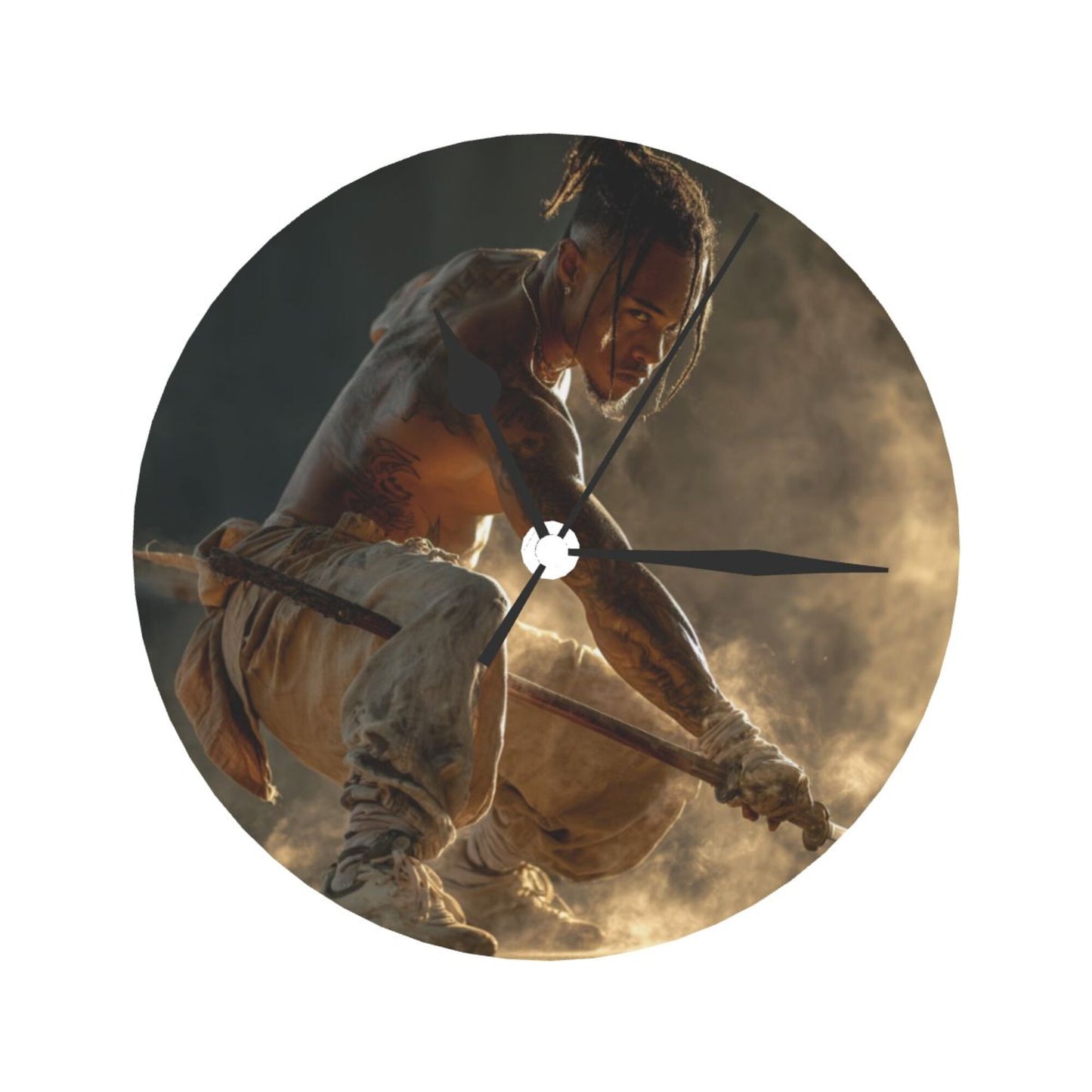 Artistic Round Wall Clock with Martial Arts Figure, Creative Decorative Silent Clock for Living Room & Bedroom (Diameter 25cm)