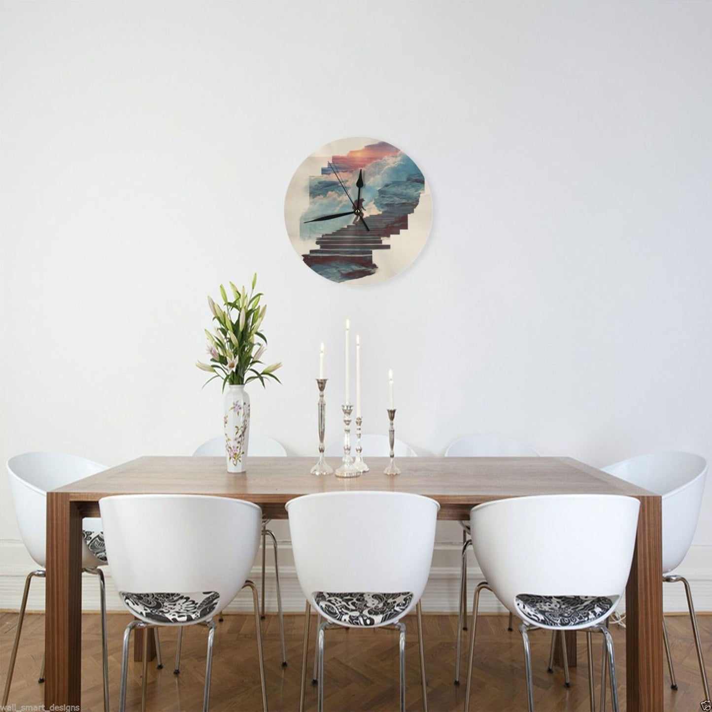 Round Wall Clock with Dreamy Stairs Art Scene, Creative Decorative Silent Clock for Living Room & Study (Diameter 25cm)