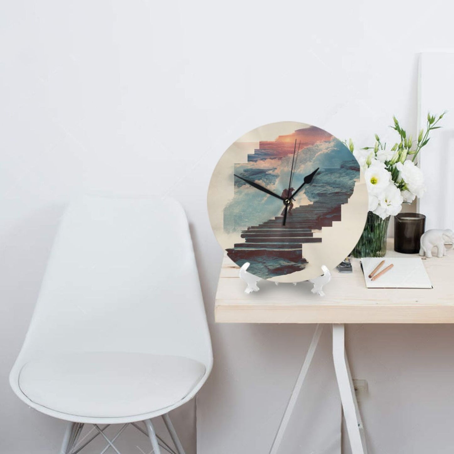 Round Wall Clock with Dreamy Stairs Art Scene, Creative Decorative Silent Clock for Living Room & Study (Diameter 25cm)