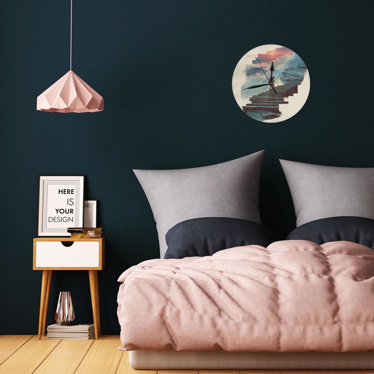Round Wall Clock with Dreamy Stairs Art Scene, Creative Decorative Silent Clock for Living Room & Study (Diameter 25cm)
