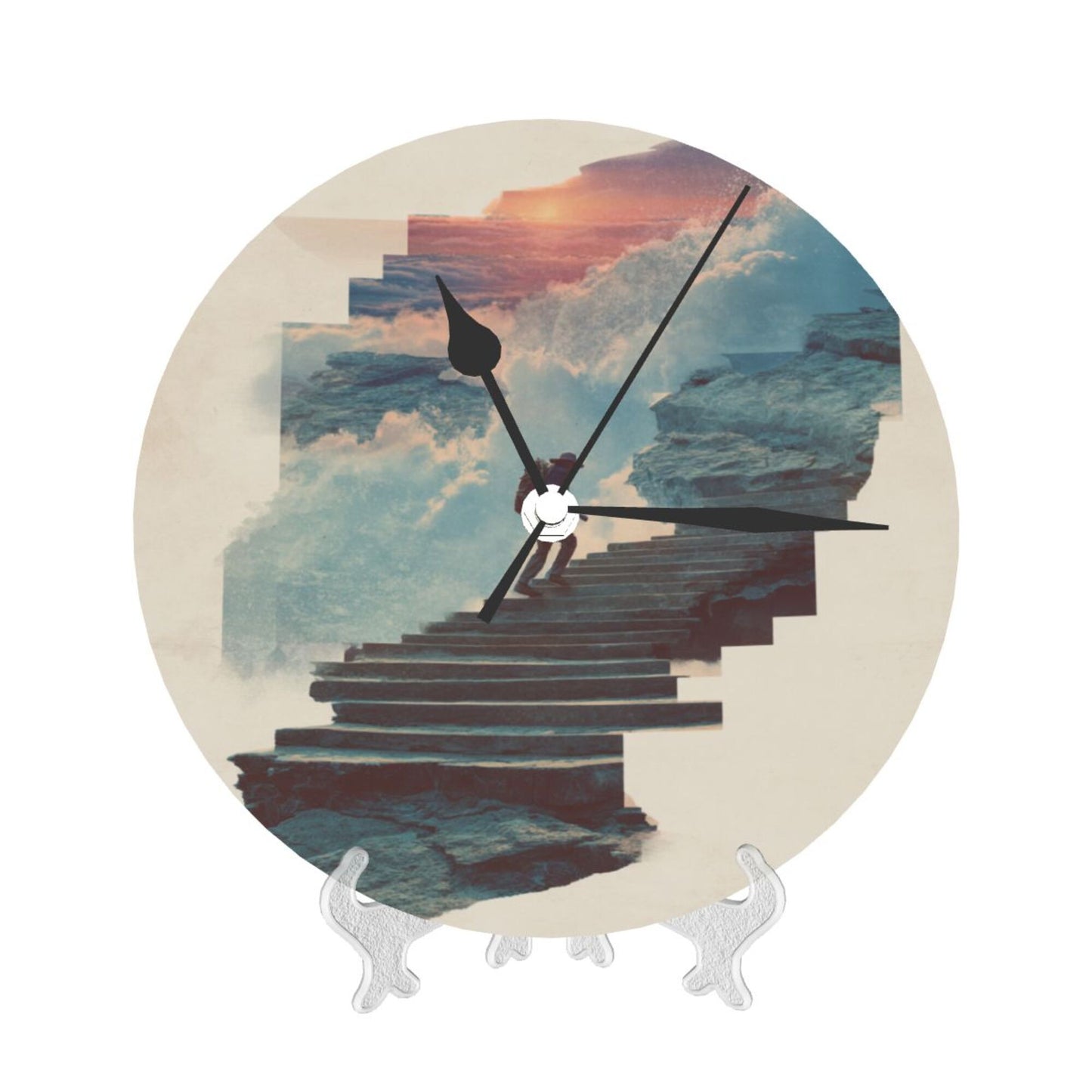 Round Wall Clock with Dreamy Stairs Art Scene, Creative Decorative Silent Clock for Living Room & Study (Diameter 25cm)