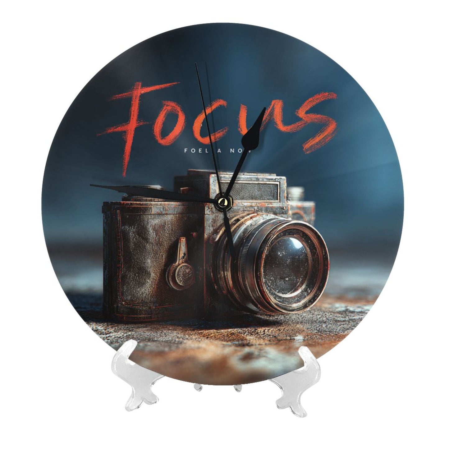 Round Wall Clock with Retro Camera “Focus” Art Scene, Silent Decorative Clock for Photographers’ Study & Living Room (Diameter 25cm)