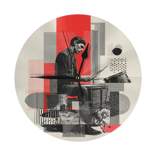 Round Wall Clock with Art Collage Drummer Scene, Creative Silent Decorative Clock for Living Room & Study (Diameter 25cm)