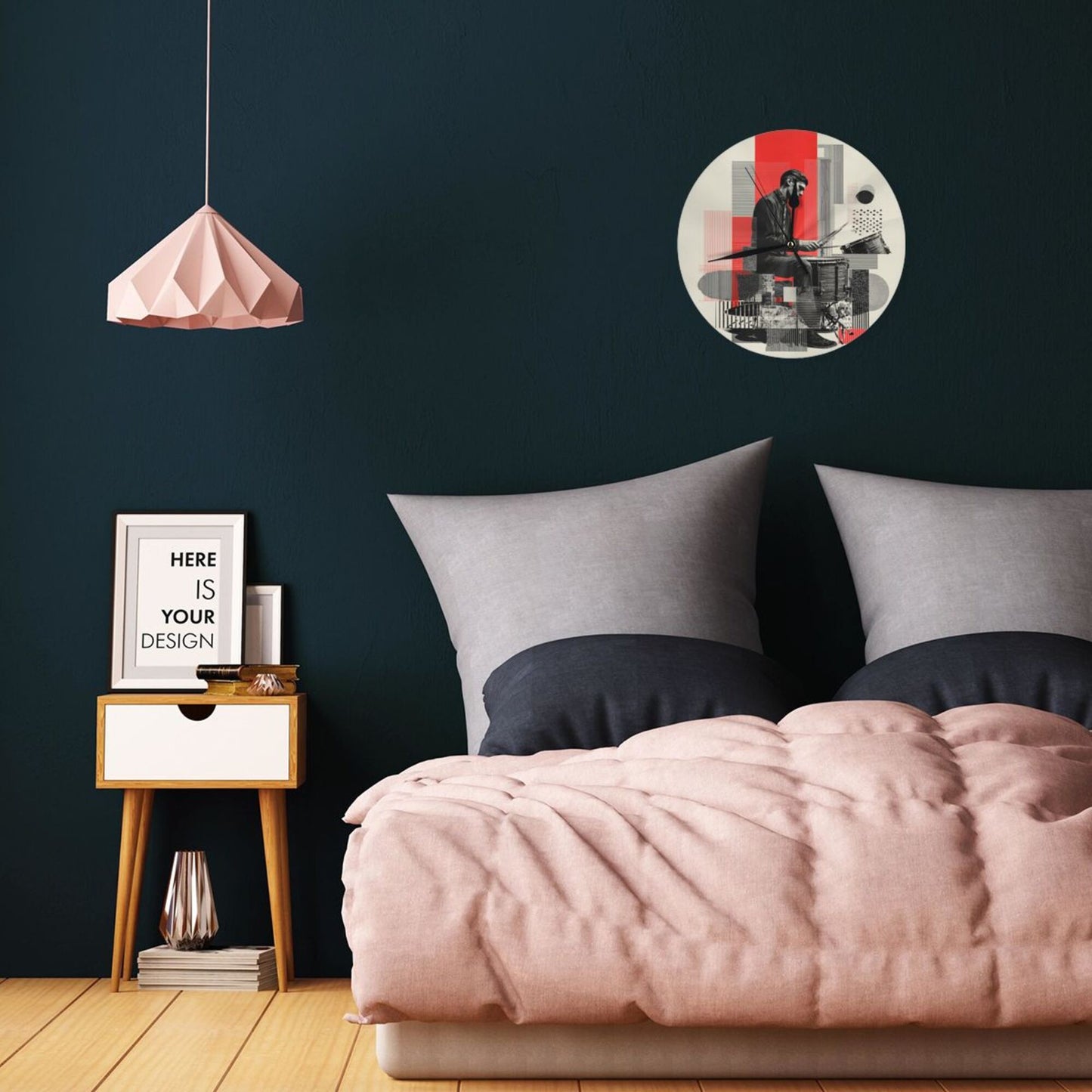 Round Wall Clock with Art Collage Drummer Scene, Creative Silent Decorative Clock for Living Room & Study (Diameter 25cm)